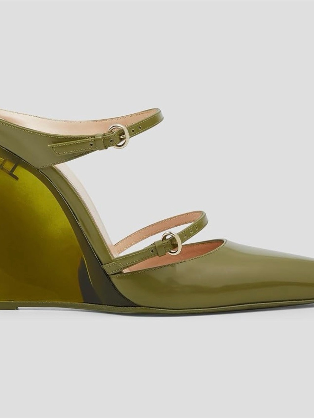 Olive Patent Mary Jane Wedge Heels with Strappy Buckles - Picture 3 of 3